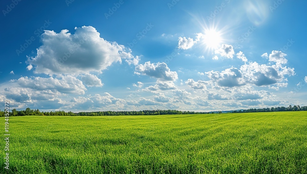 Vibrant Green Field Basking Under a Sunny Sky with Fluffy Clouds Vibrant Green Field Basking Under a Sunny Sky with Fluffy Clouds