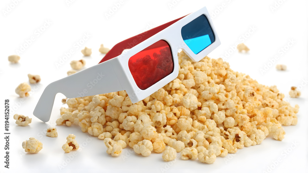 Obraz premium 3D glasses resting on a pile of popcorn.