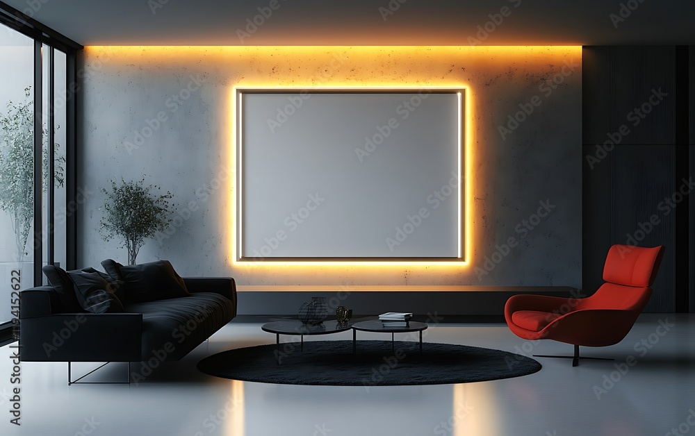 Fototapeta premium Modern living room, backlit artwork, city view, relaxing ambiance, interior design mockup