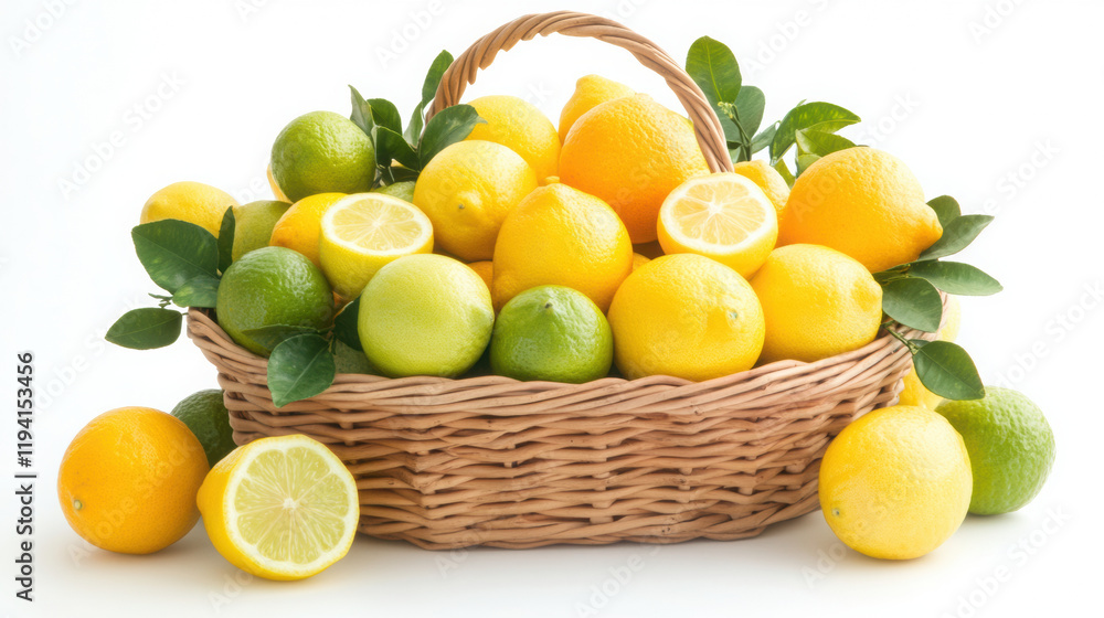 Fresh lemons and limes in woven basket, vibrant and colorful Fresh lemons and limes in woven basket, vibrant and colorful