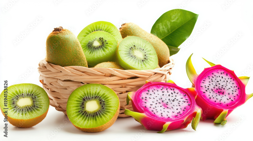 Fresh kiwis and dragon fruit in basket display Fresh kiwis and dragon fruit in basket display