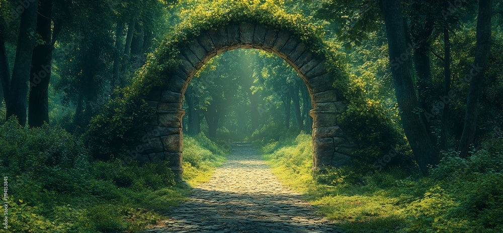 Obraz premium Stone archway in a lush green forest.