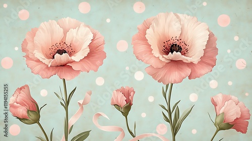 Wallpaper Mural Graceful carnations paired with flowing ribbons and delicate polka dots, soft retro tones of pink, cream, and pale green, symmetrical mid-century-inspired wallpaper pattern, seamless design, Torontodigital.ca