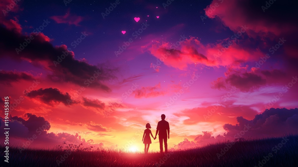 A couple holding hands on a dreamy cloudscape, heart-shaped stars glowing in the sky, surreal, pastel colors, 3D render A couple holding hands on a dreamy cloudscape, heart-shaped stars glowing in the sky, surreal, pastel colors, 3D render