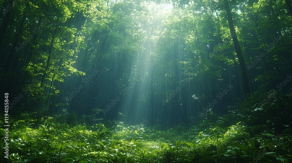 Fototapeta premium Sunbeams illuminate a lush, green forest floor.