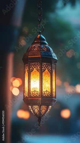 one hanging Islamic lanterns on a blurry light background. it will be on the left side of the artboard