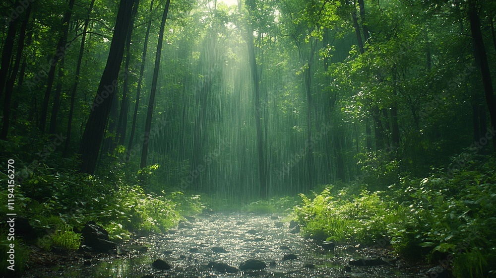 Fototapeta premium Sunbeams pierce through lush green forest, illuminating a tranquil stream path.