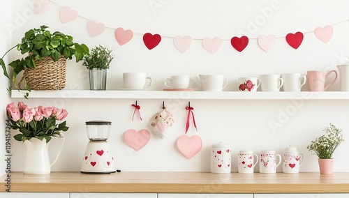 Romantic Kitchen Decor:  Heart Garland, Flowers, and Coffee Setup for a Cozy Valentine's Day photo