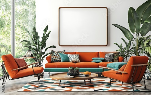 Modern living room interior design, orange sofa, plants, large frame, bright sunlight photo