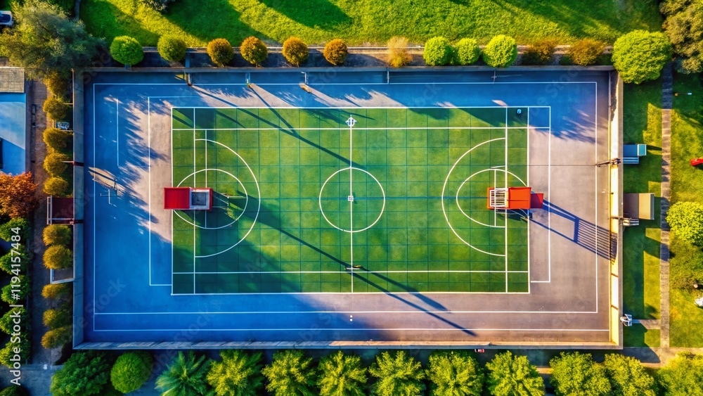 Obraz premium Aerial View of Outdoor Basketball Court Border, Asphalt Lines, Sunny Day