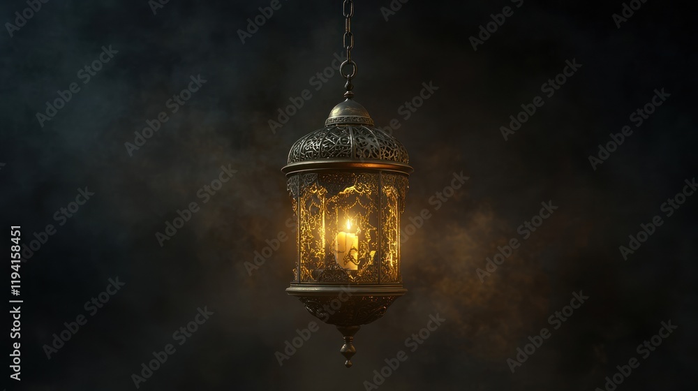 A decorative lantern emits a warm glow, suspended against a dark, smoky background. A decorative lantern emits a warm glow, suspended against a dark, smoky background.