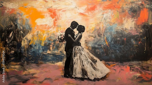 Romantic Couple Silhouette in Abstract Wedding Painting photo