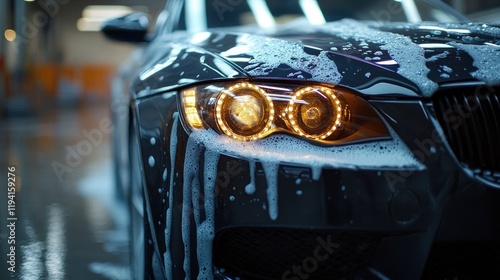 Close-up of a sleek black car being washed, showcasing its illuminated headlights and soap suds in a car wash
