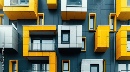 A modern apartment complex with yellow accents in the city center. photo