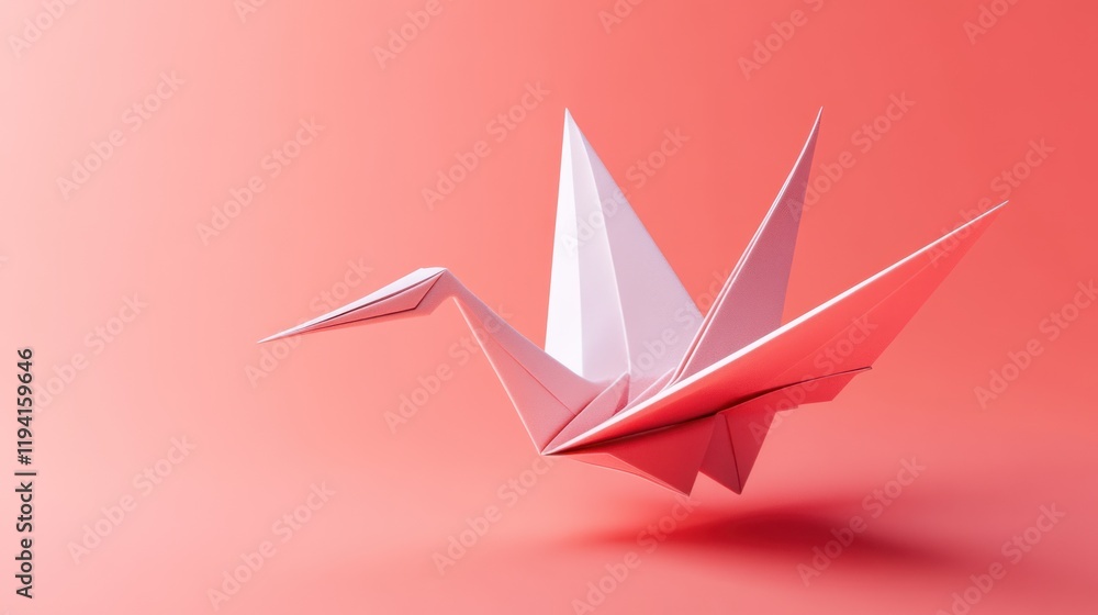 A delicate origami crane in shades of pink against a soft coral background. A delicate origami crane in shades of pink against a soft coral background.