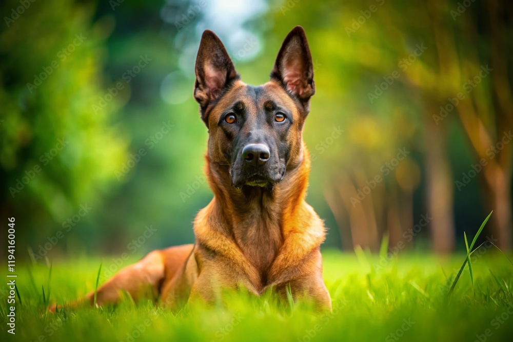 Naklejka premium Alert Belgian Malinois Dog Portrait, Summer Grass Background, High Depth of Field