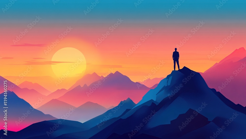 Achieve Success: Person Stands on Mountaintop at Sunset, Reaching Goals with Determination and Resilience. Achieve Success: Person Stands on Mountaintop at Sunset, Reaching Goals with Determination and Resilience.