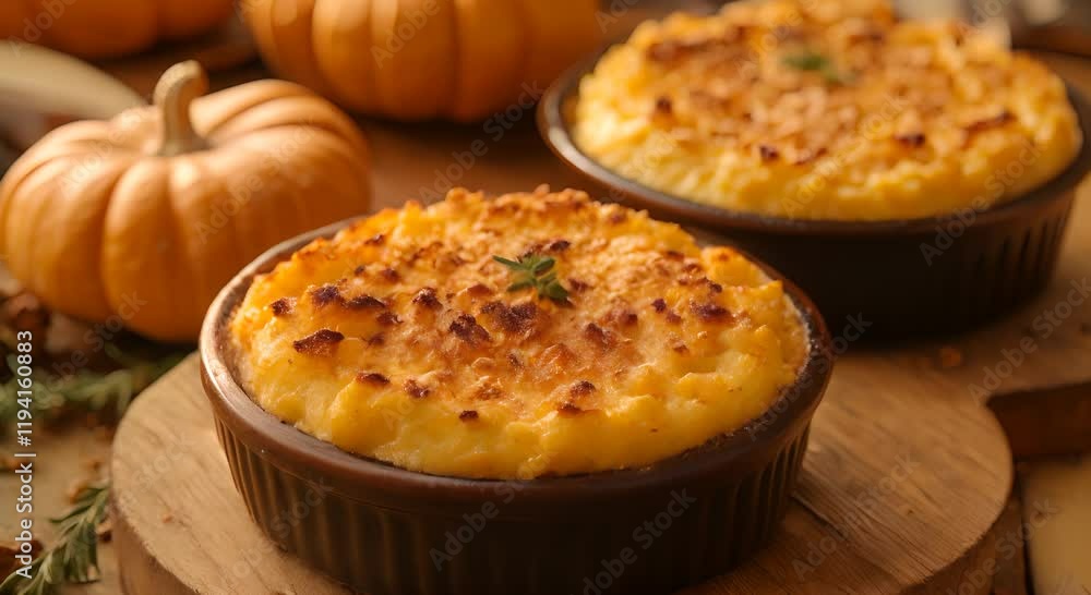 Creamy pumpkin casserole topped with a crispy layer, served in black ramekins. Creamy pumpkin casserole topped with a crispy layer, served in black ramekins.