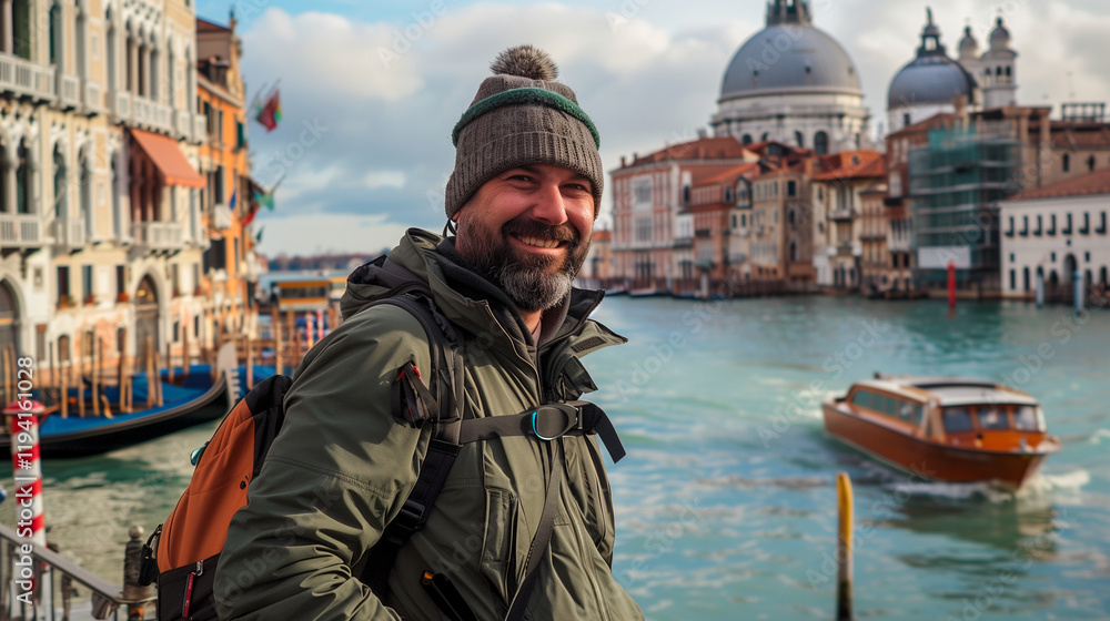 Obraz premium A tourist man person enjoys a picturesque view of the Grand Canal while exploring Venice, Italy By