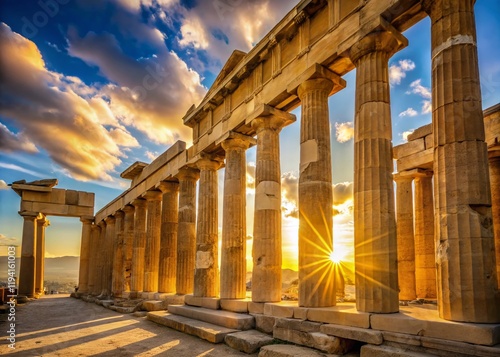 Ancient Greek Munigua Acropolis: Sunlit Stone Columns & Arches photo