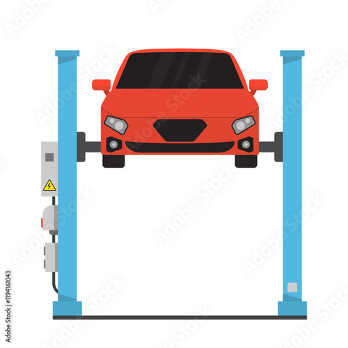 Car lift in garage. Car service and repair. Auto repair service center. Repairing car lifted on auto hoist. Signs and symbols can be used for web, print, logo,