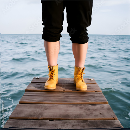 Person standing on a wooden pier over the ocean, showing only lower body and yellow boots, implying a sense of adventure and relaxation near the water photo