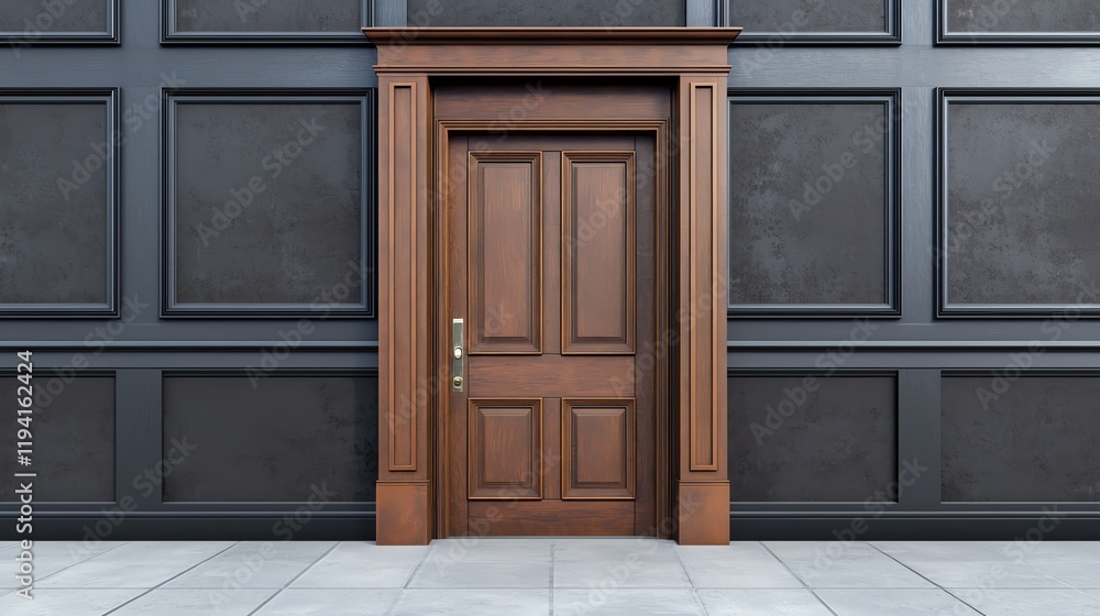 A wooden door set against a textured dark wall, creating a contrast between warm and cool tones in a modern architectural setting. A wooden door set against a textured dark wall, creating a contrast between warm and cool tones in a modern architectural setting.