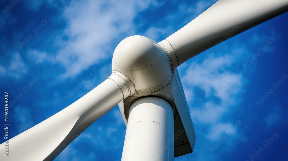 Harnessing Wind Power - Close-up of a Wind Turbine Against Blue Sky Signifying Renewable Energy and Sustainable Development Harnessing Wind Power - Close-up of a Wind Turbine Against Blue Sky Signifying Renewable Energy and Sustainable Development