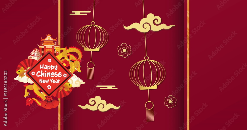 Naklejka premium Image of new year greetings text and chinese traditional decorations on red background