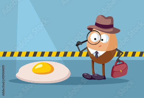 Detective Egg Inspecting Crime Scene with Magnifier Vector Cartoon. True crime mystery egg hunt checking for clues in a fictional stor
