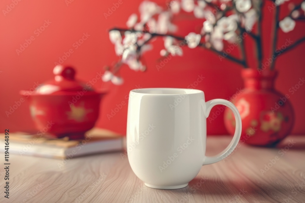 White Ceramic Mug Surrounded by Blossom Branches and Red Vase White Ceramic Mug Surrounded by Blossom Branches and Red Vase