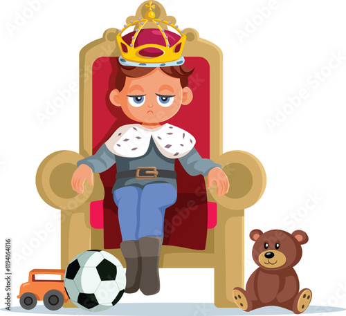 Funny Spoiled Child Ruling as King Vector Cartoon. Selfish bratty only child acting out like a tyrant ruler 
