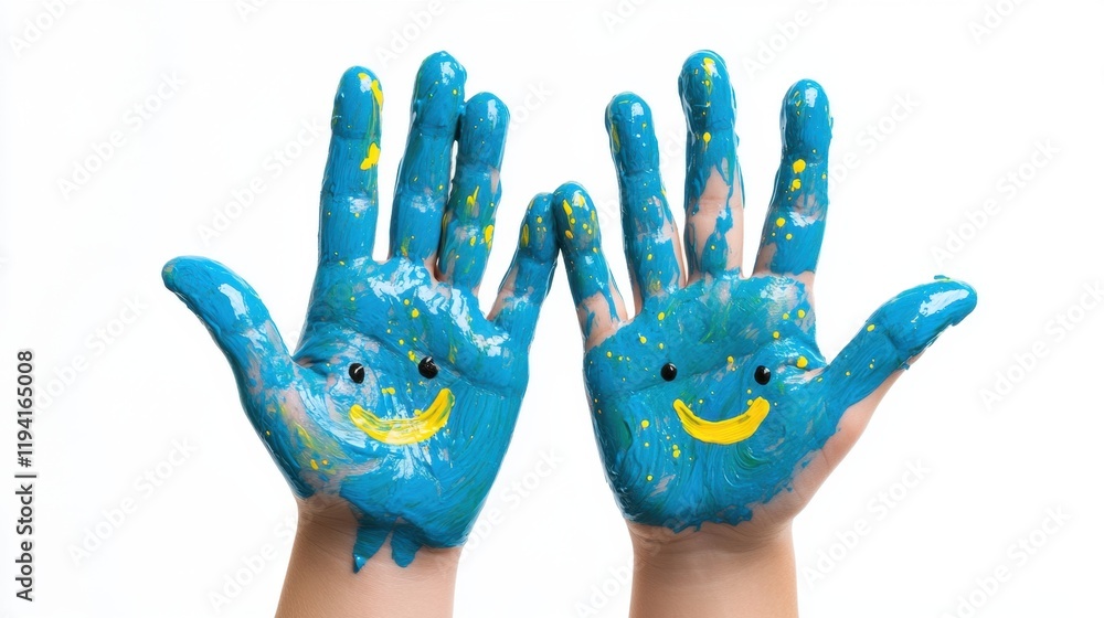 Fototapeta premium Joyful Smiley Faces: Colorful Children's Hands with Turquoise Paint Splashes on White Background
