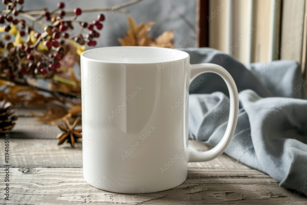 Fototapeta premium Empty White Coffee Mug on Rustic Table with Natural Background