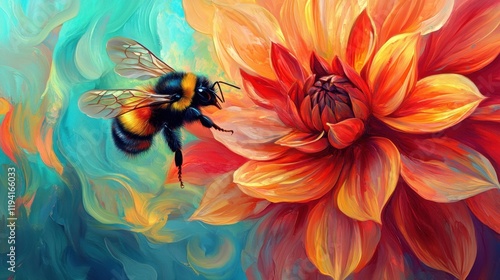 Vibrant Red Dahlia Flower with Bee Collecting Nectar - Nature's Summer Beauty Captured in a Single Frame