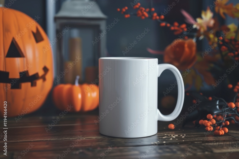 Blank white mug with autumn decorations and pumpkin on the table, Mug mockup Blank white mug with autumn decorations and pumpkin on the table, Mug mockup
