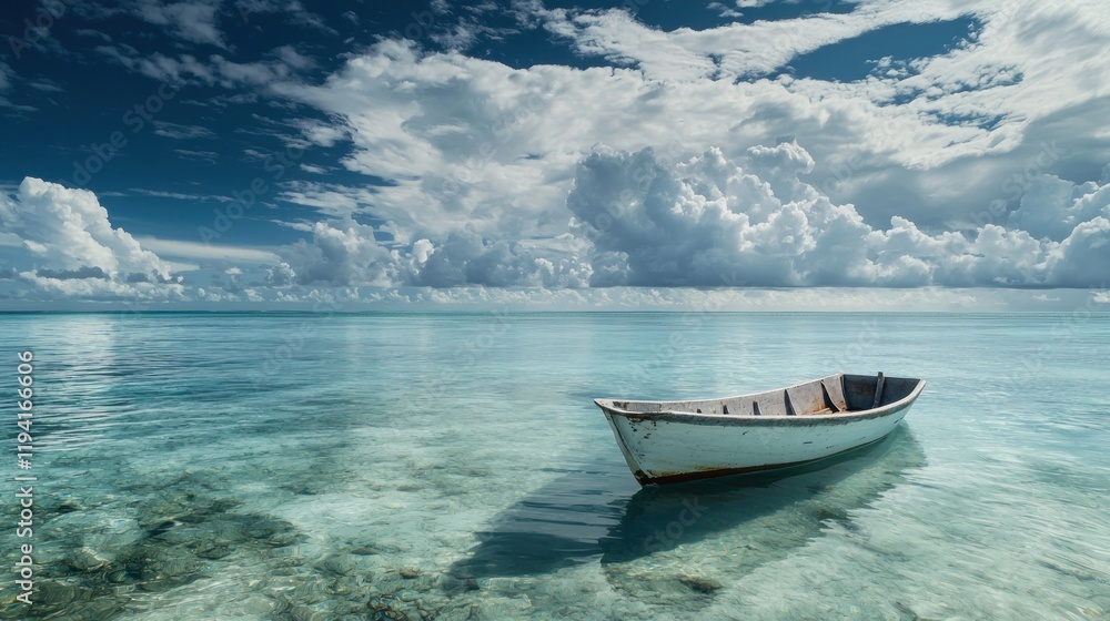 Obraz premium Tranquil Abandoned Boat on Clear Water Under Dramatic Sky