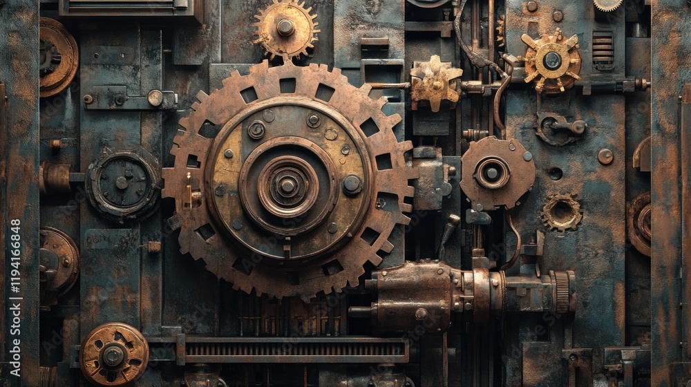 A detailed arrangement of gears and mechanical components, showcasing industrial design. A detailed arrangement of gears and mechanical components, showcasing industrial design.