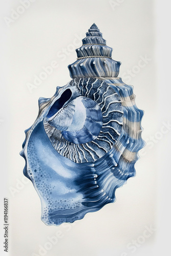 Exquisite watercolor painting of a blue seashell with intricate details