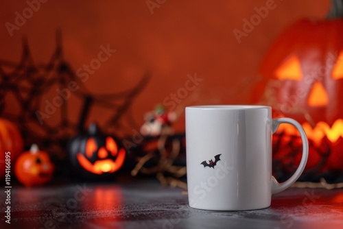 Halloween Themed White Mug with Bat Design and Pumpkins Background, Mug mockup photo