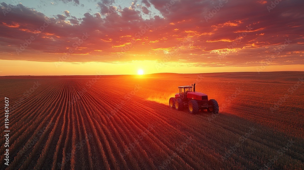 Fototapeta premium Majestic Sunset Over Agricultural Field with Tractor in Motion, Capturing the Beauty of Rural Landscape and Farming at Twilight