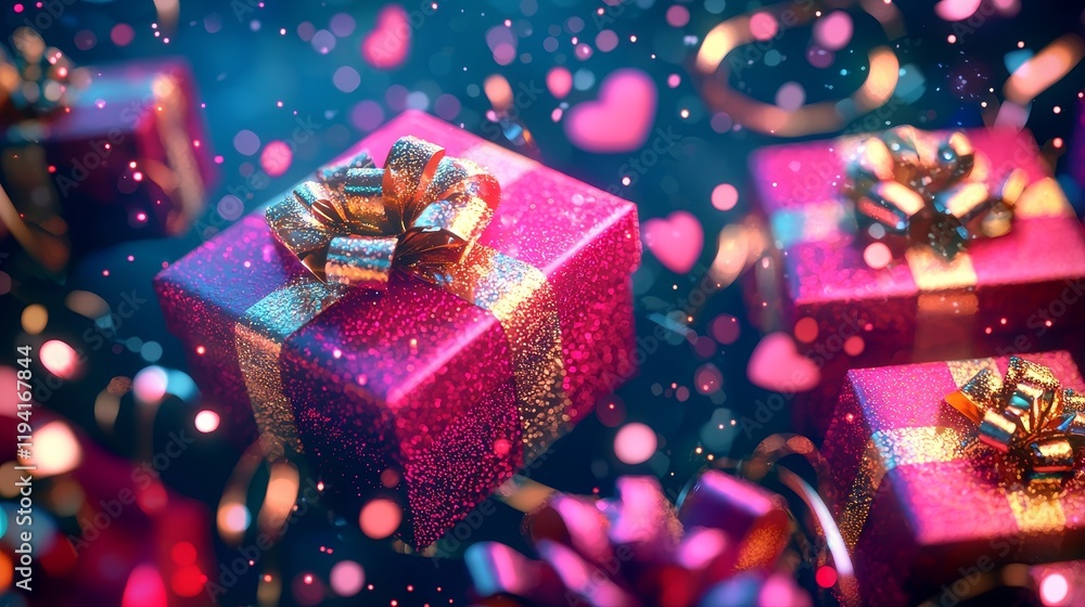 Floating holographic gift boxes surrounded by glowing pink and gold ribbons, vibrant Valentine's Day mood, sleek digital art Floating holographic gift boxes surrounded by glowing pink and gold ribbons, vibrant Valentine's Day mood, sleek digital art