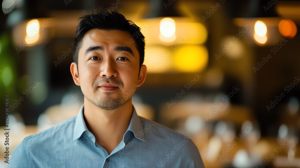 Fototapeta premium Confident man in casual setting, smiling slightly.