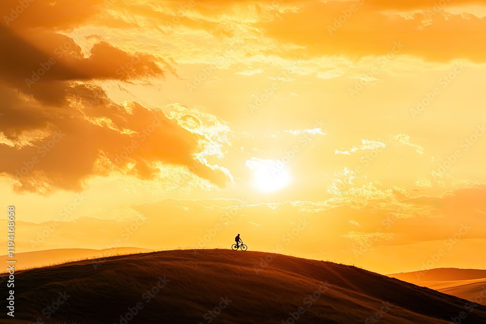 A silhouette of a mountain biker on a hilltop at sunrise, enjoying the golden light and expansive landscape with a beautiful sun flare in the background. A silhouette of a mountain biker on a hilltop at sunrise, enjoying the golden light and expansive landscape with a beautiful sun flare in the background.