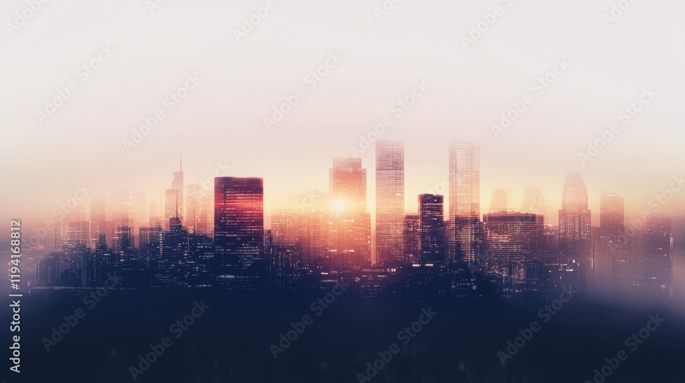 Fototapeta premium Vibrant City Skyline at Dusk with Soft Glow and Misty Atmosphere Creating a Dreamlike Urban Landscape in Gentle Hues of Orange and Blue
