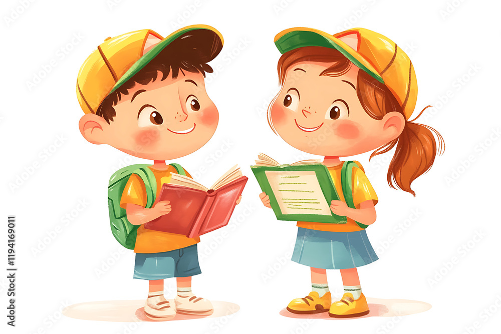Two cheerful children reading books, wearing caps and backpacks, enjoying learning together. Two cheerful children reading books, wearing caps and backpacks, enjoying learning together.