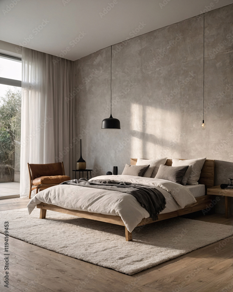 Obraz premium Cozy and serene Scandinavian bedroom in beige tones with wooden bed modern chair and functional furniture accents Interior Design Inspiration