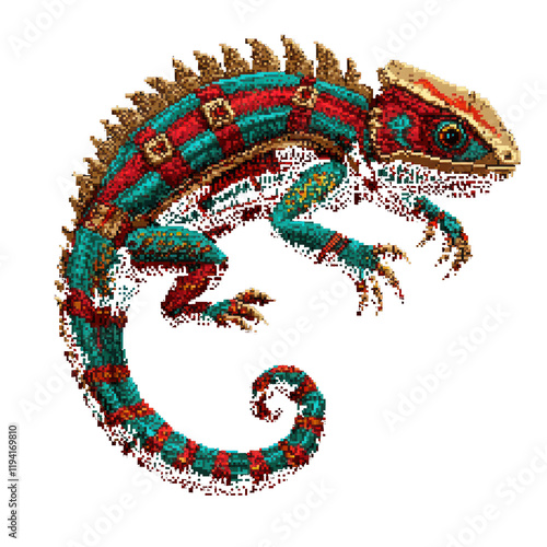 The image shows a stylized pixelized lizard with mechanical elements designed in a steampunk aesthetic using a vibrant color palette. photo