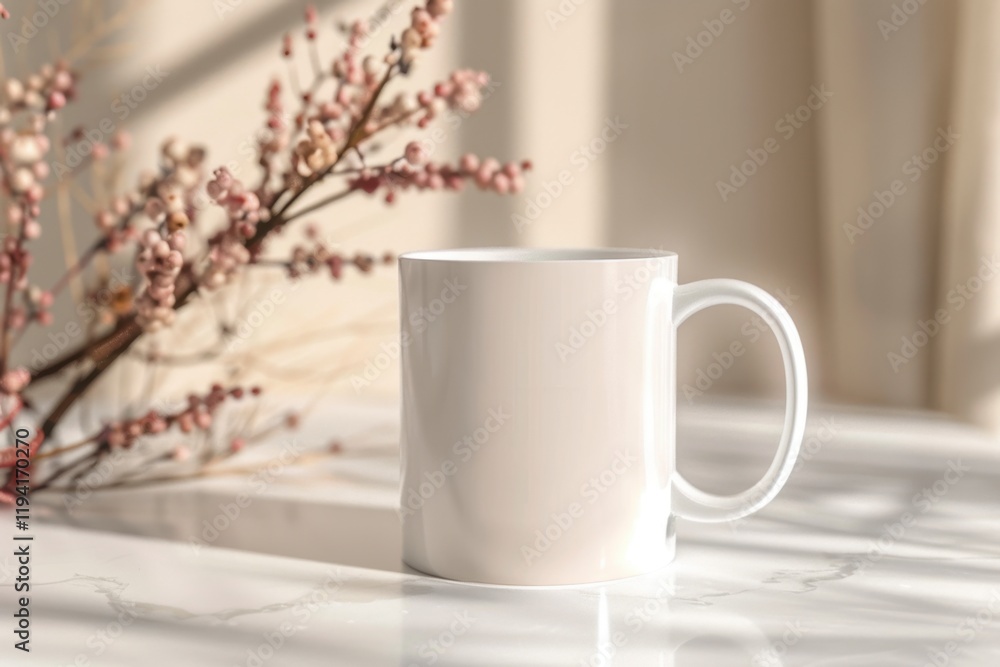 Minimalist White Coffee Mug with Decorative Branches in Soft Lighting, Mug mockup Minimalist White Coffee Mug with Decorative Branches in Soft Lighting, Mug mockup