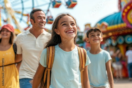 Family walking through a theme park, half-body shot, parents and kids smiling, colorful rides and excitement in the background, holiday adventure, clear sky, fun and lively  photo